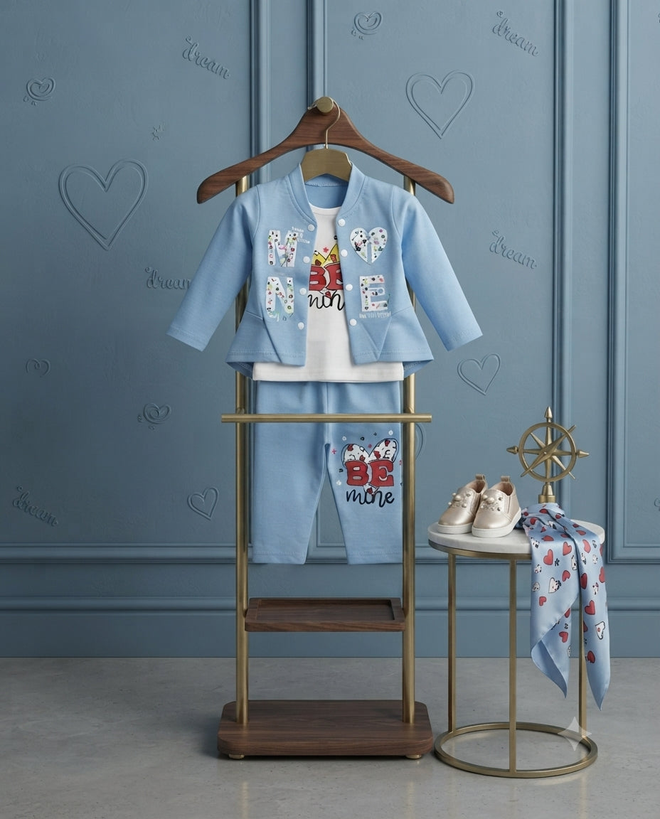 Baby Girls Sky Blue Malai 3 Piece Outfit – Printed T-Shirt, Jacket & Trouser Set (6–12 Months)