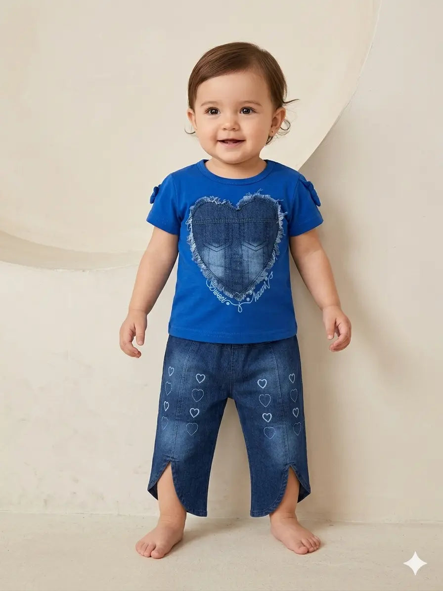 Baby Girl Malai Cotton Shirt & Denim Long Nicker Set with Heart Appliqué – Summer Collection
