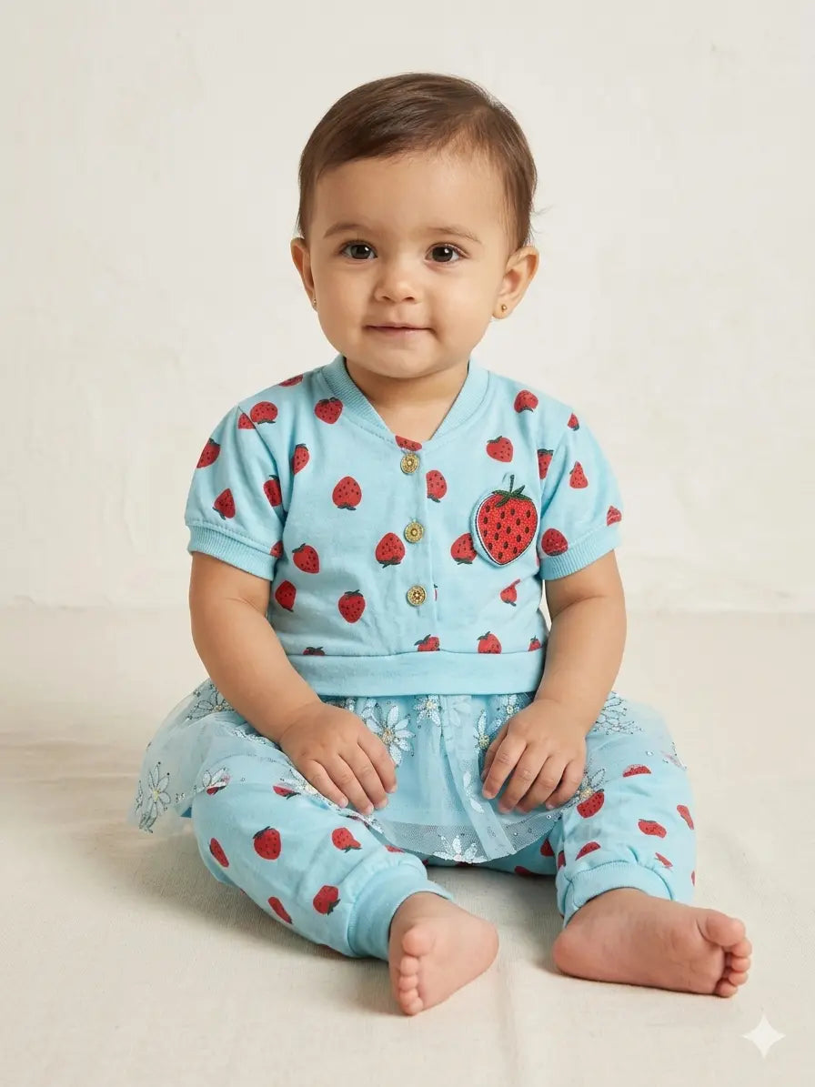 Baby Girl Strawberry Print Malai Cotton Frock – Summer Collection (1–2 Years)