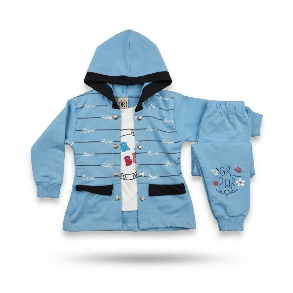 Baby Girls Sky Blue Interlock 2.5 Piece Hoodie Suit – Attached Inner Design (6–12 Months)
