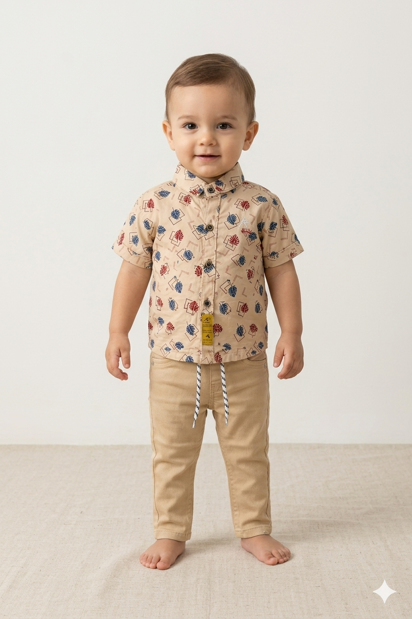 Baby Boy Printed Cotton Half Sleeve Shirt & Plain Trouser Set – Summer Collection (1 Years)