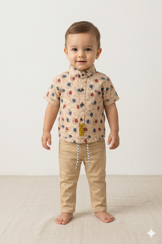 Baby Boy Printed Cotton Half Sleeve Shirt & Plain Trouser Set – Summer Collection (1 Years)