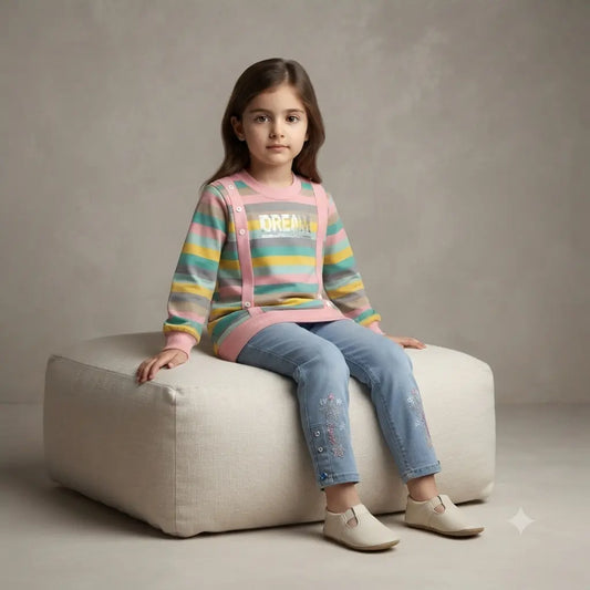 Designer Terry Sweatshirt with Embroidered Denim Jeans Set for Baby Girls (7 Years)