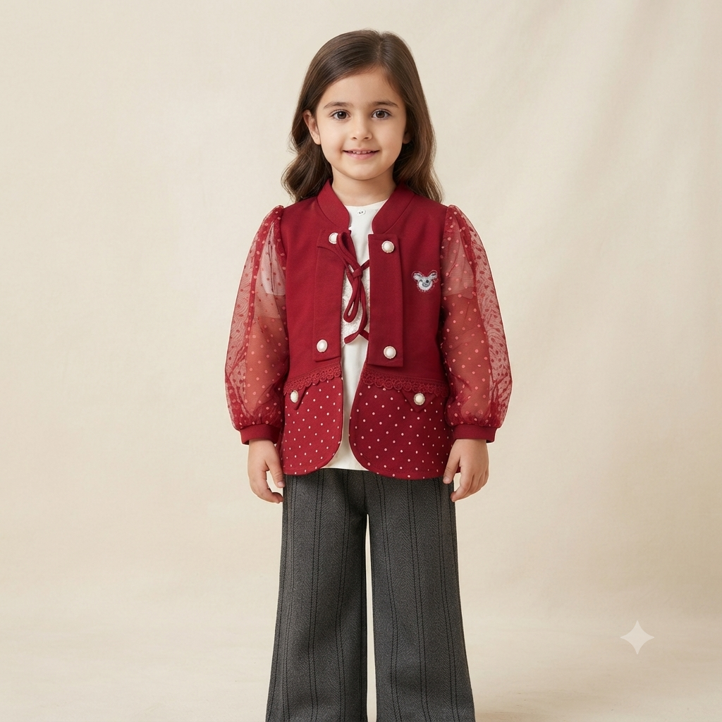 Baby Girls Premium Red 3 Piece Outfit | Inner Top, Fashion Coat & Trouser | 4 Years