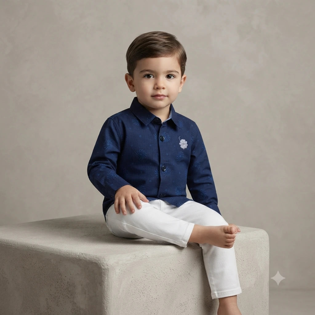 Classic Cotton Printed Shirt with Plain Trouser Set for Baby Boys (3 Years)