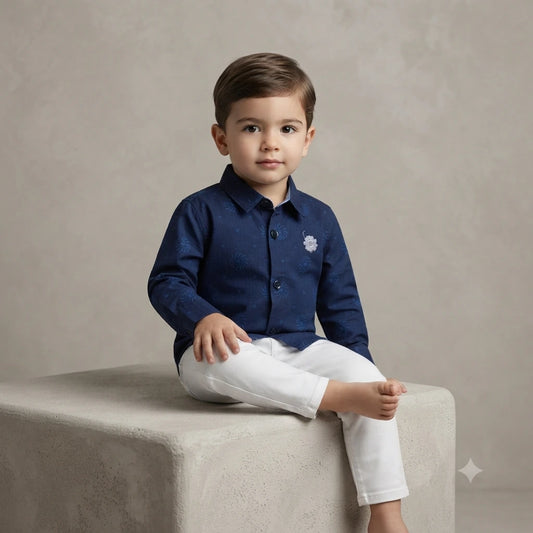 Classic Cotton Printed Shirt with Plain Trouser Set for Baby Boys (3 Years)