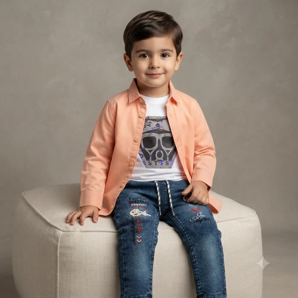 Classic Self-Design Cotton Shirt with Attached Inner & Denim Jeans Set for Baby Boys (2–3 Years)