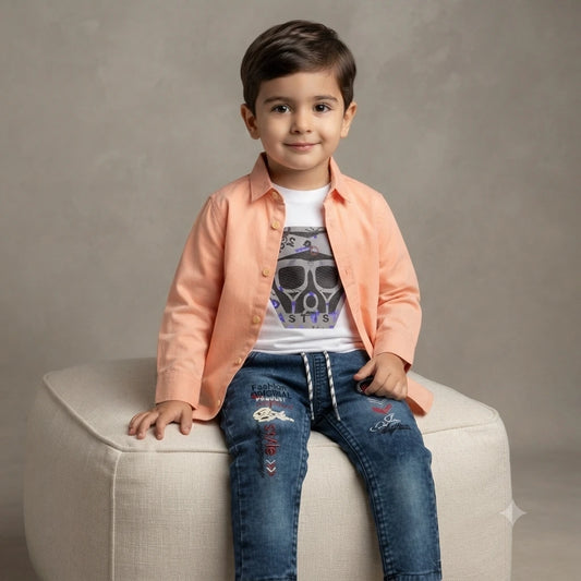 Classic Self-Design Cotton Shirt with Attached Inner & Denim Jeans Set for Baby Boys (2–3 Years)