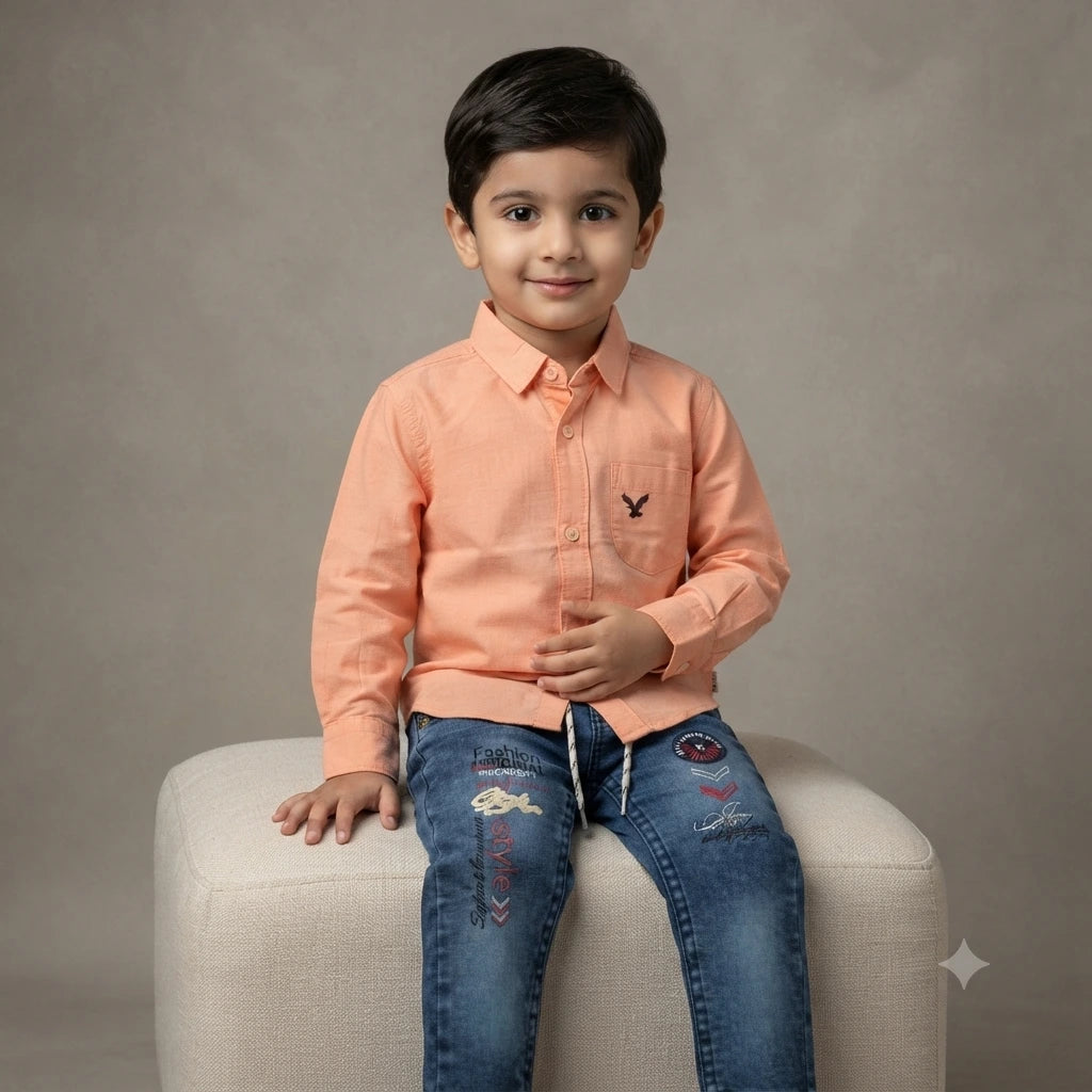 Classic Self-Design Cotton Shirt with Attached Inner & Denim Jeans Set for Baby Boys (2–3 Years)