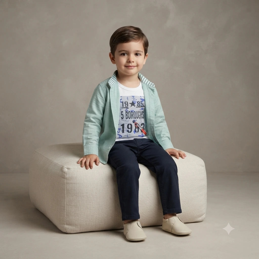 Modern Cotton Shirt with Attached Inner T-Shirt & Plain Trouser Set for Baby Boys (2–3 Years)