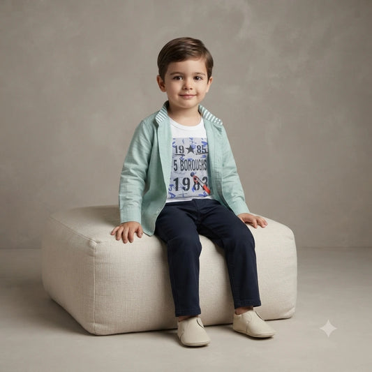 Modern Cotton Shirt with Attached Inner T-Shirt & Plain Trouser Set for Baby Boys (2–3 Years)