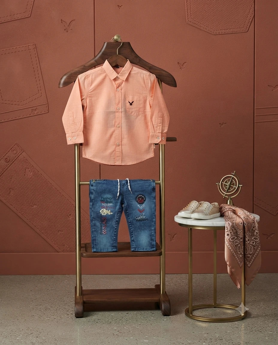 Classic Self-Design Cotton Shirt with Attached Inner & Denim Jeans Set for Baby Boys (2–3 Years)