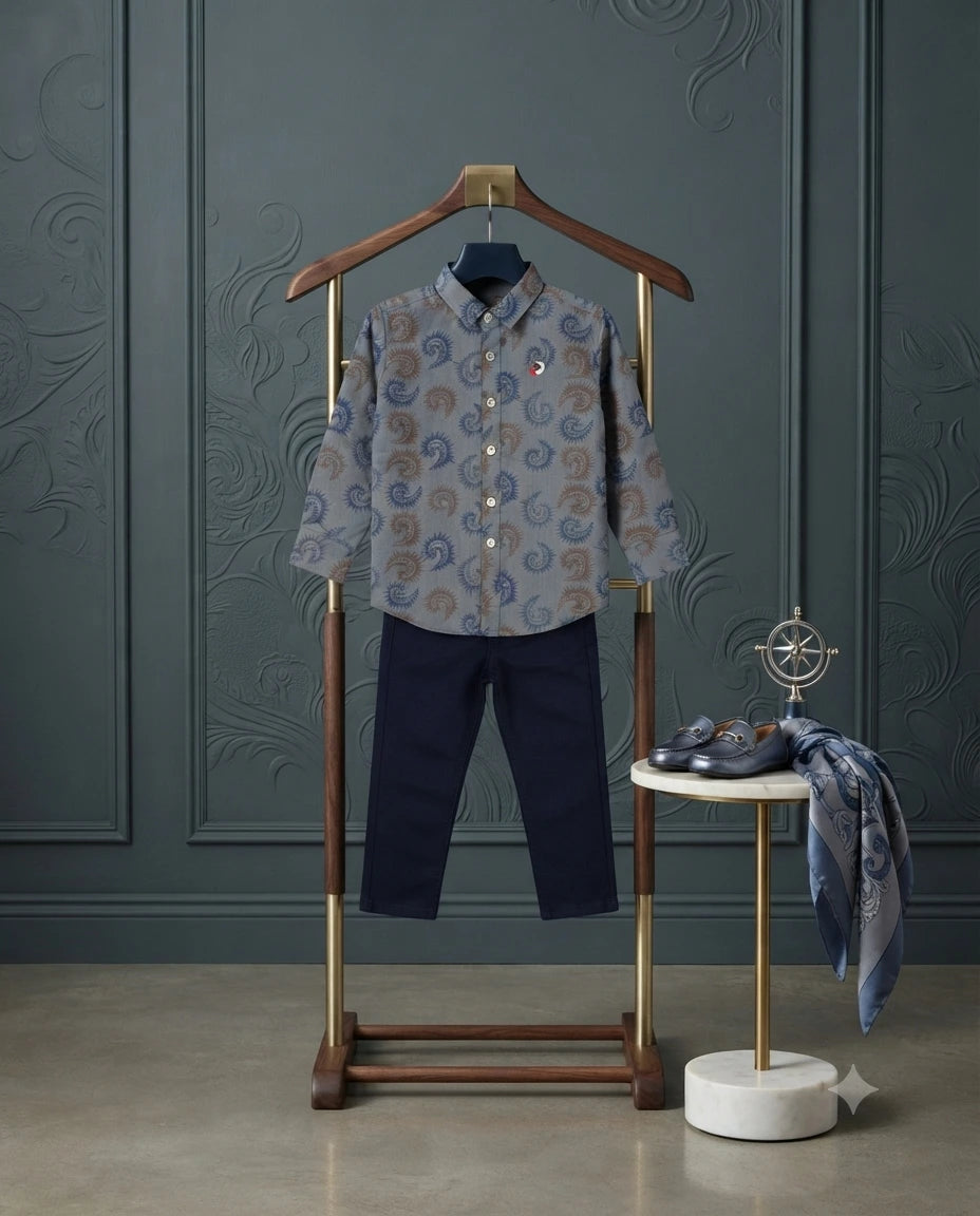 Stylish Printed Cotton Shirt with Plain Trouser Set for Baby Boys (4 Years)