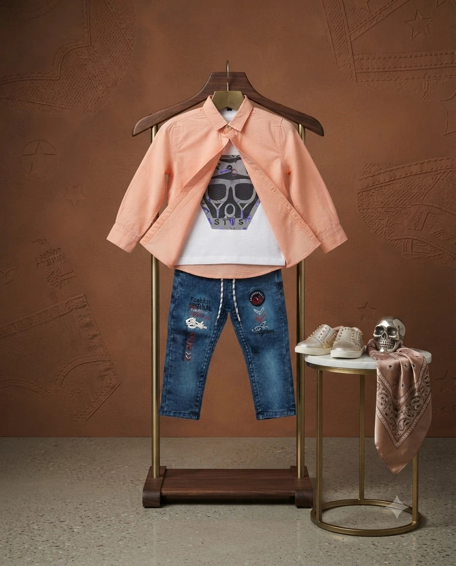 Classic Self-Design Cotton Shirt with Attached Inner & Denim Jeans Set for Baby Boys (2–3 Years)