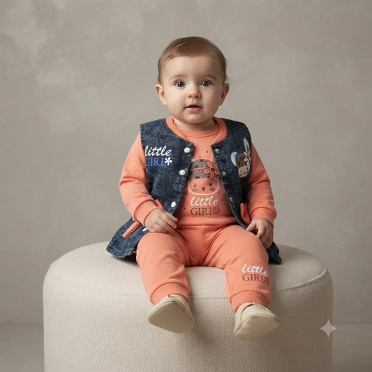 Sweet Little Girl Interlock 3-Piece Set with Denim Jacket & Jogger – Kids Outfit