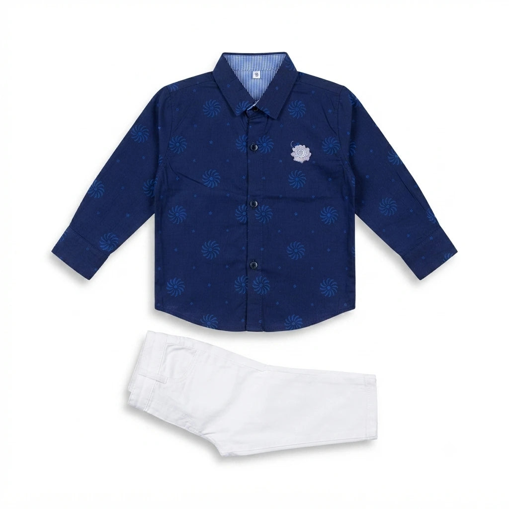 Classic Cotton Printed Shirt with Plain Trouser Set for Baby Boys (3 Years)