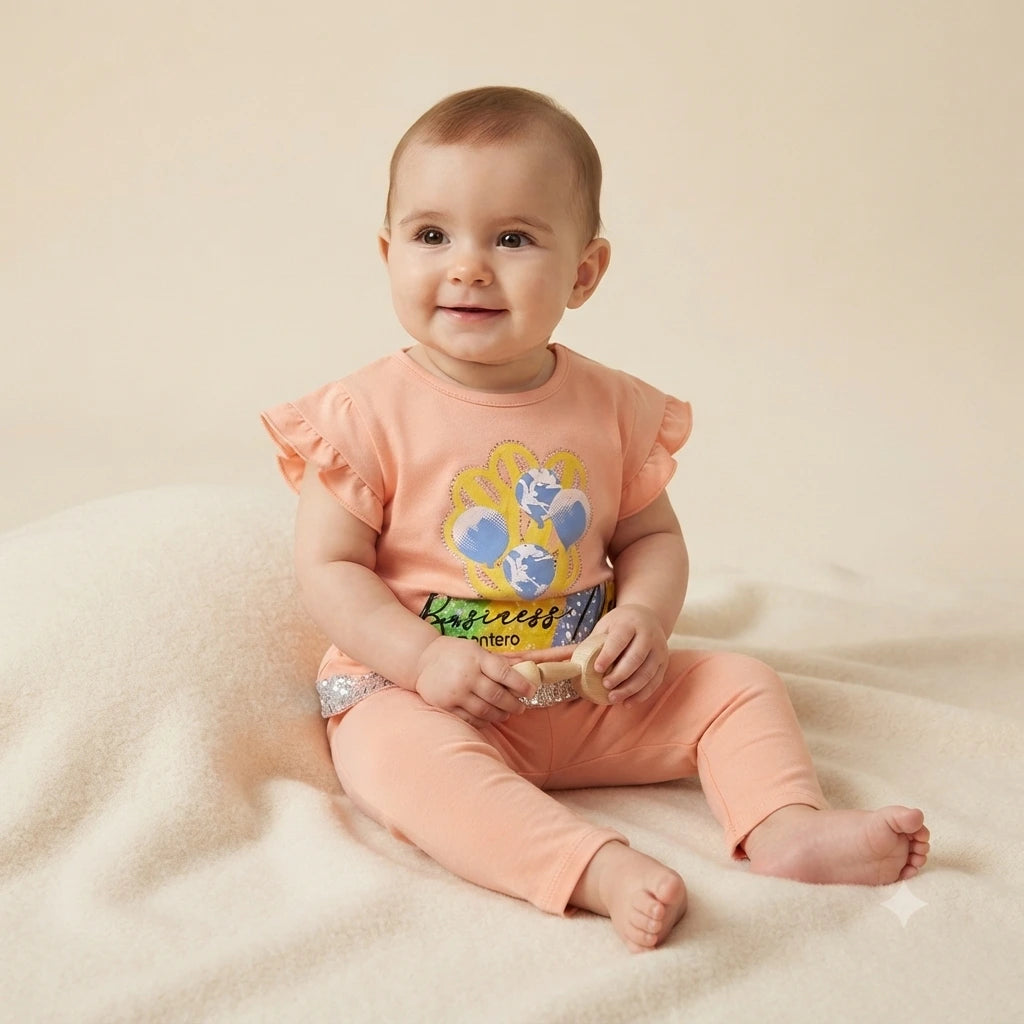 Baby Girls Peach Malai 2 Piece Outfit – Printed Top & Trouser Set (6–12 Months)