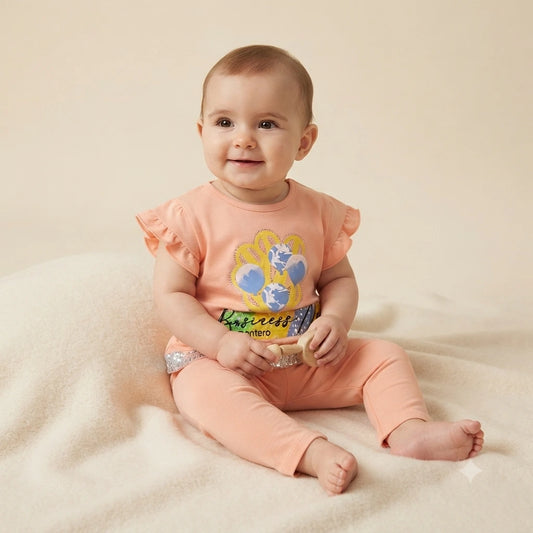 Baby Girls Peach Malai 2 Piece Outfit – Printed Top & Trouser Set (6–12 Months)