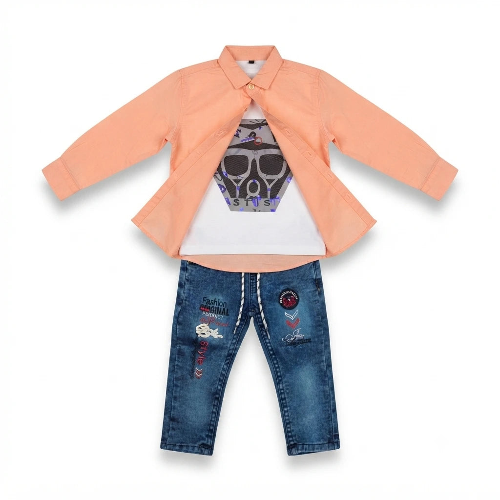 Classic Self-Design Cotton Shirt with Attached Inner & Denim Jeans Set for Baby Boys (2–3 Years)