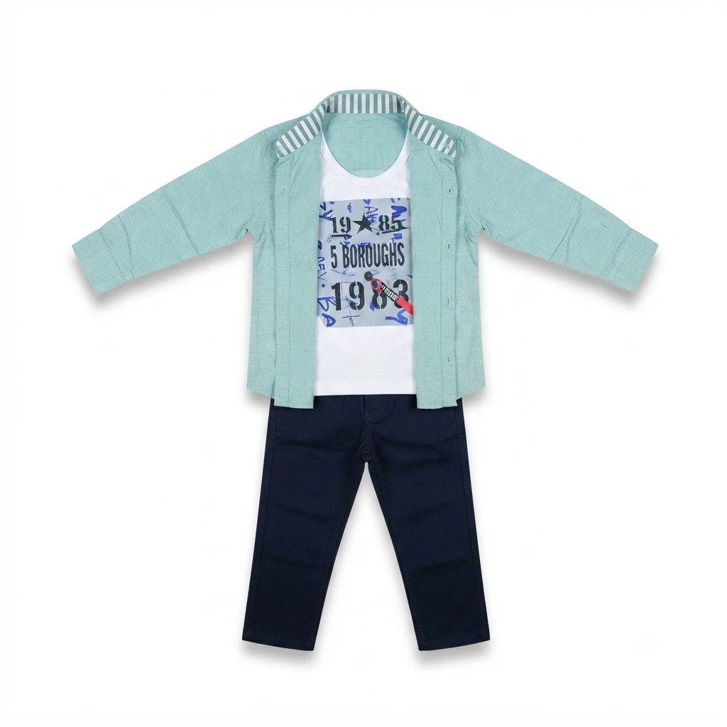 Modern Cotton Shirt with Attached Inner T-Shirt & Plain Trouser Set for Baby Boys (2–3 Years)
