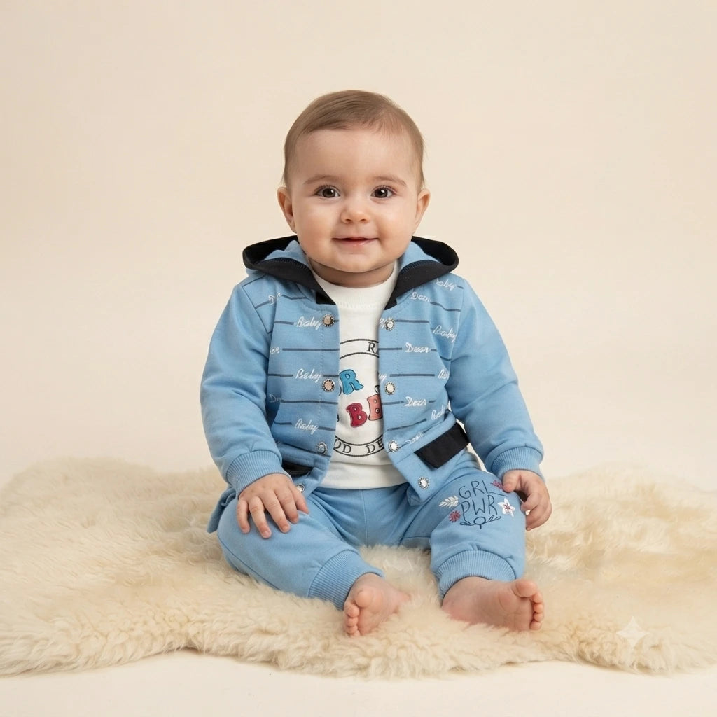 Baby Girls Sky Blue Interlock 2.5 Piece Hoodie Suit – Attached Inner Design (6–12 Months)