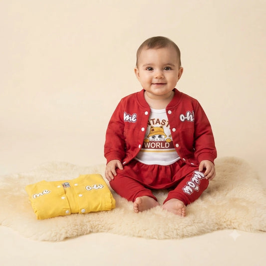Baby Girls Premium Red Malai 3 Piece Dress Set | Jacket, Top & Trouser | 6–12 Months