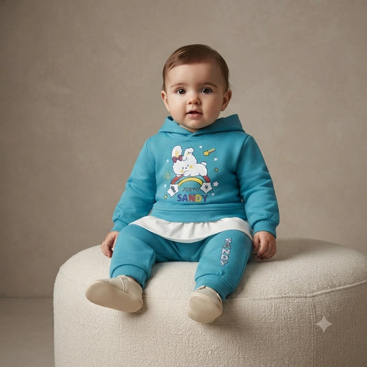 Baby Girls Sky Blue Malai Hoodie Suit – 2 Piece Outfit (6–12 Months)